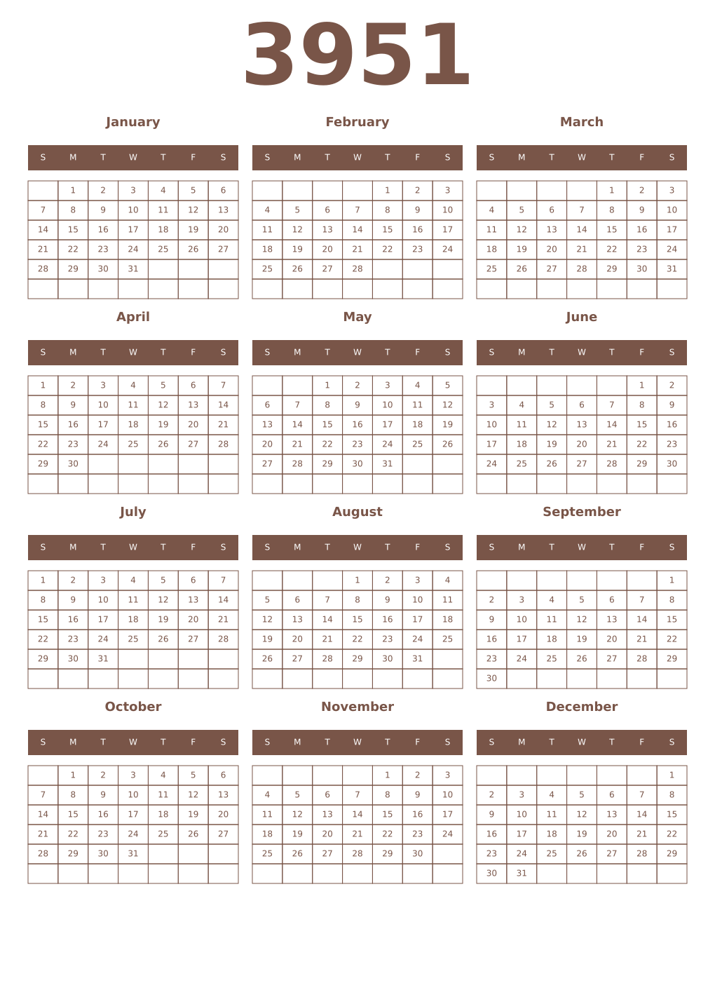 Printable 3951 Year Calendars coffe