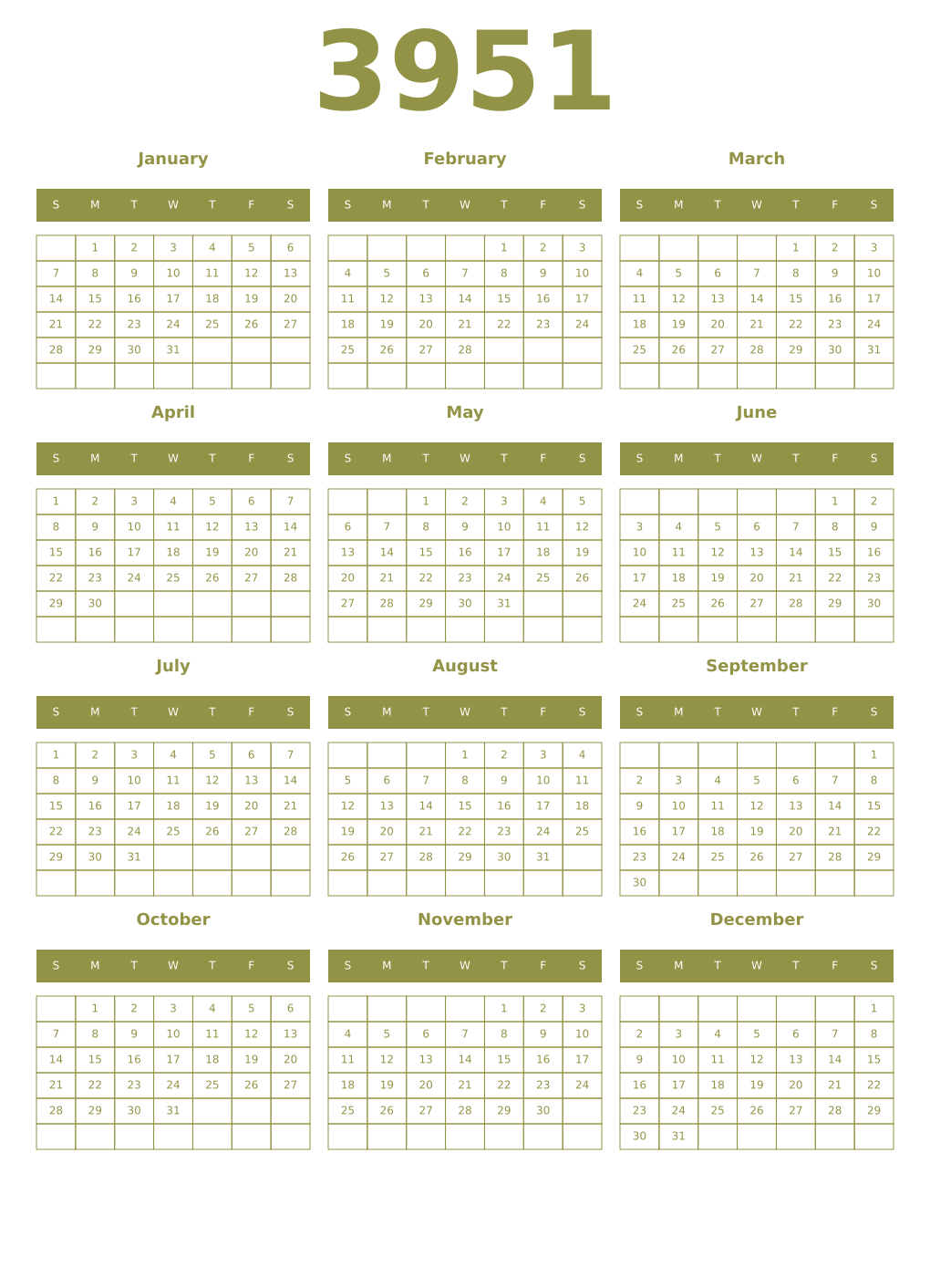 Printable 3951 Year Calendars eburnean