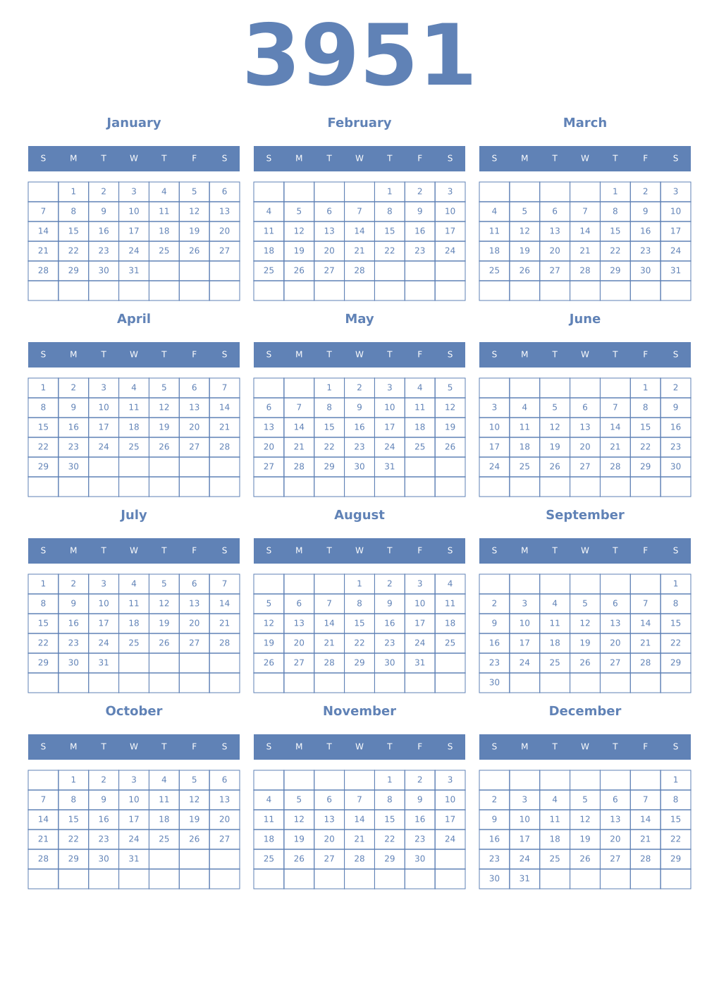 Printable 3951 Year Calendars glaucous