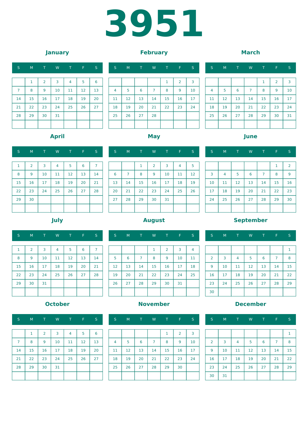 Printable 3951 Year Calendars pastel