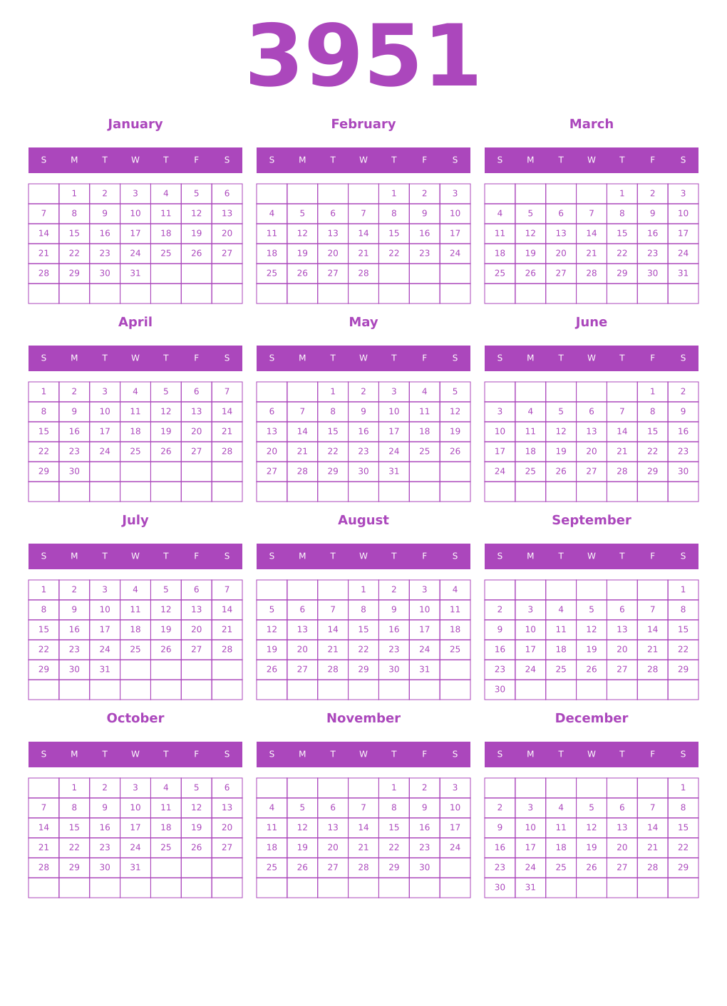 Printable 3951 Year Calendars purple