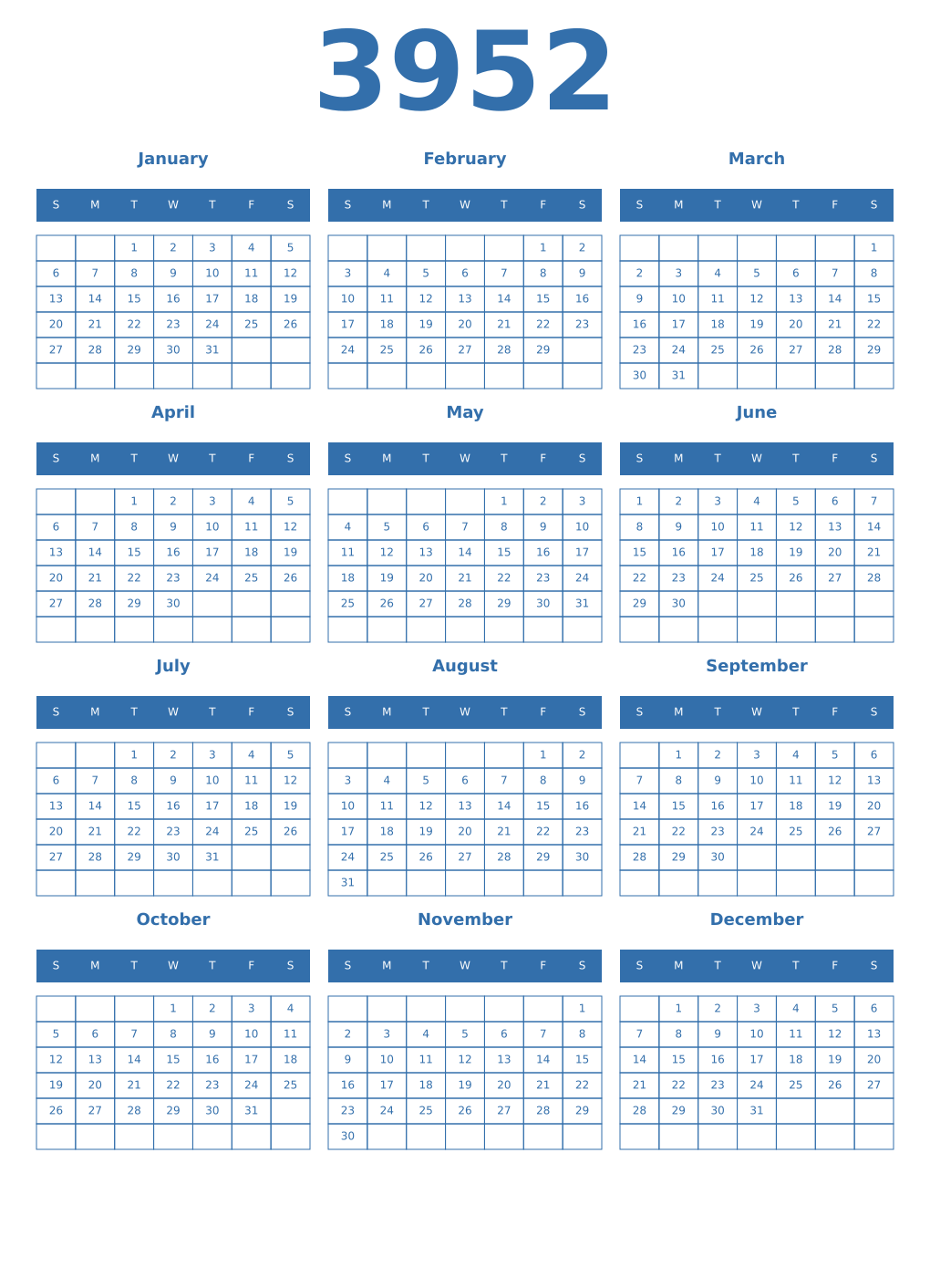 Printable 3952 Year Calendars blue