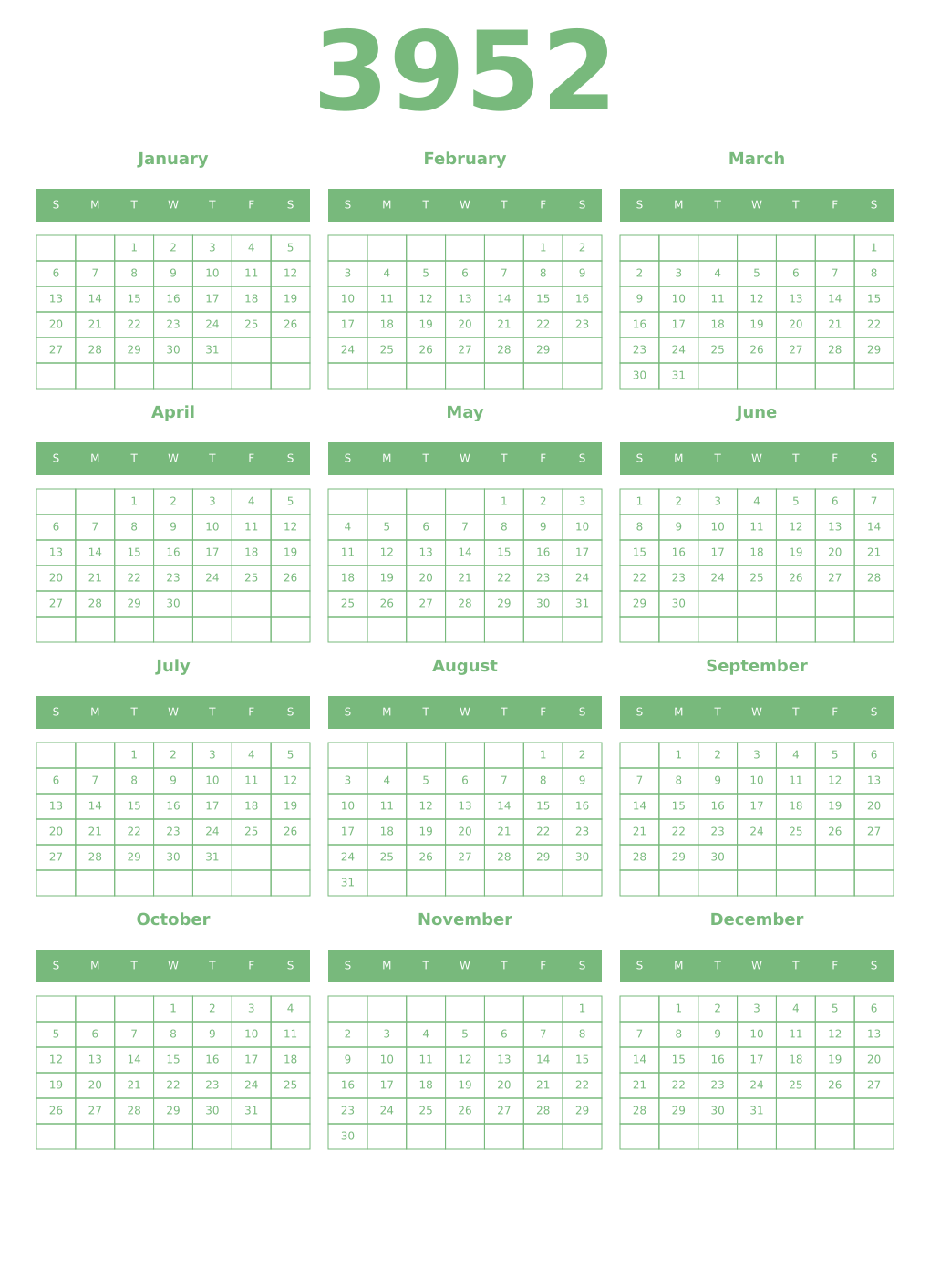 Printable 3952 Year Calendars celadon