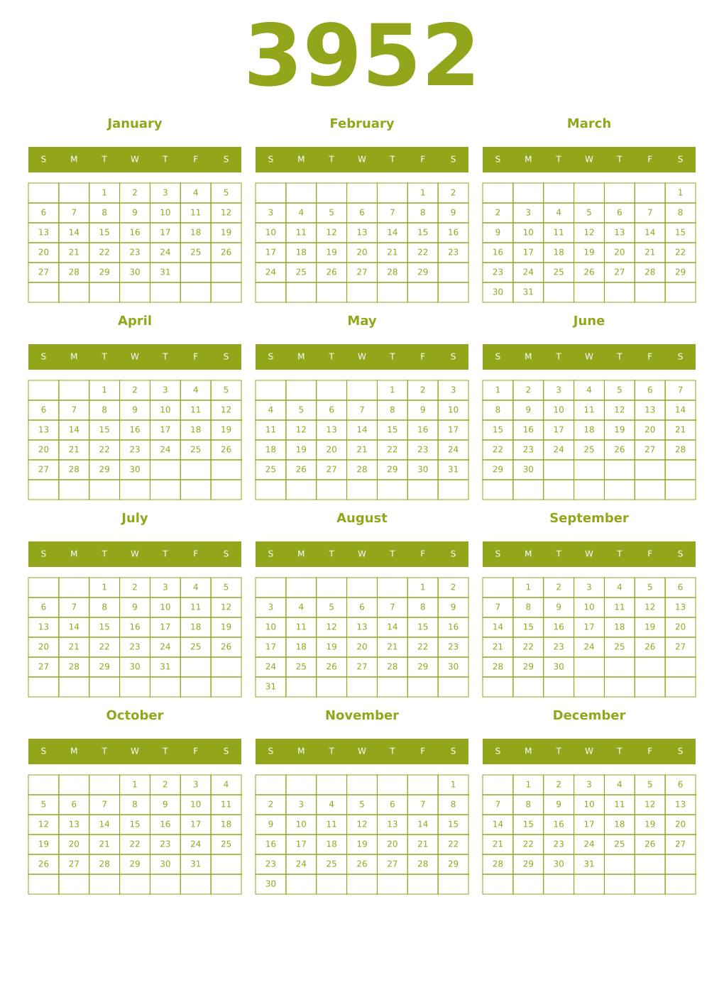 Printable 3952 Year Calendars chartreuse