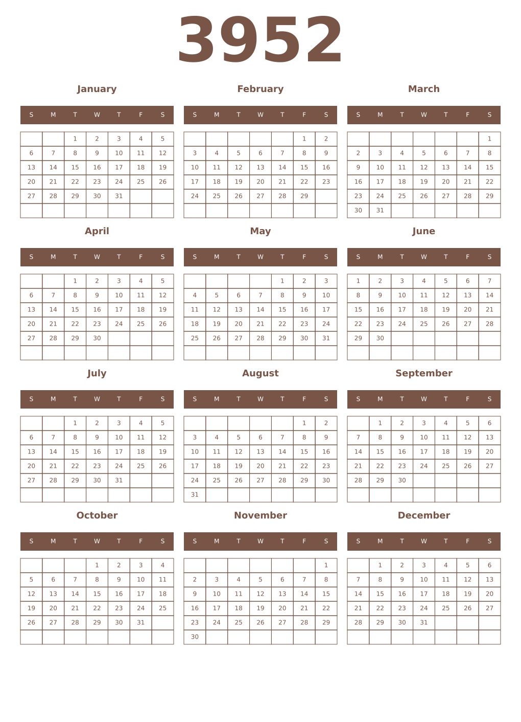 Printable 3952 Year Calendars coffe