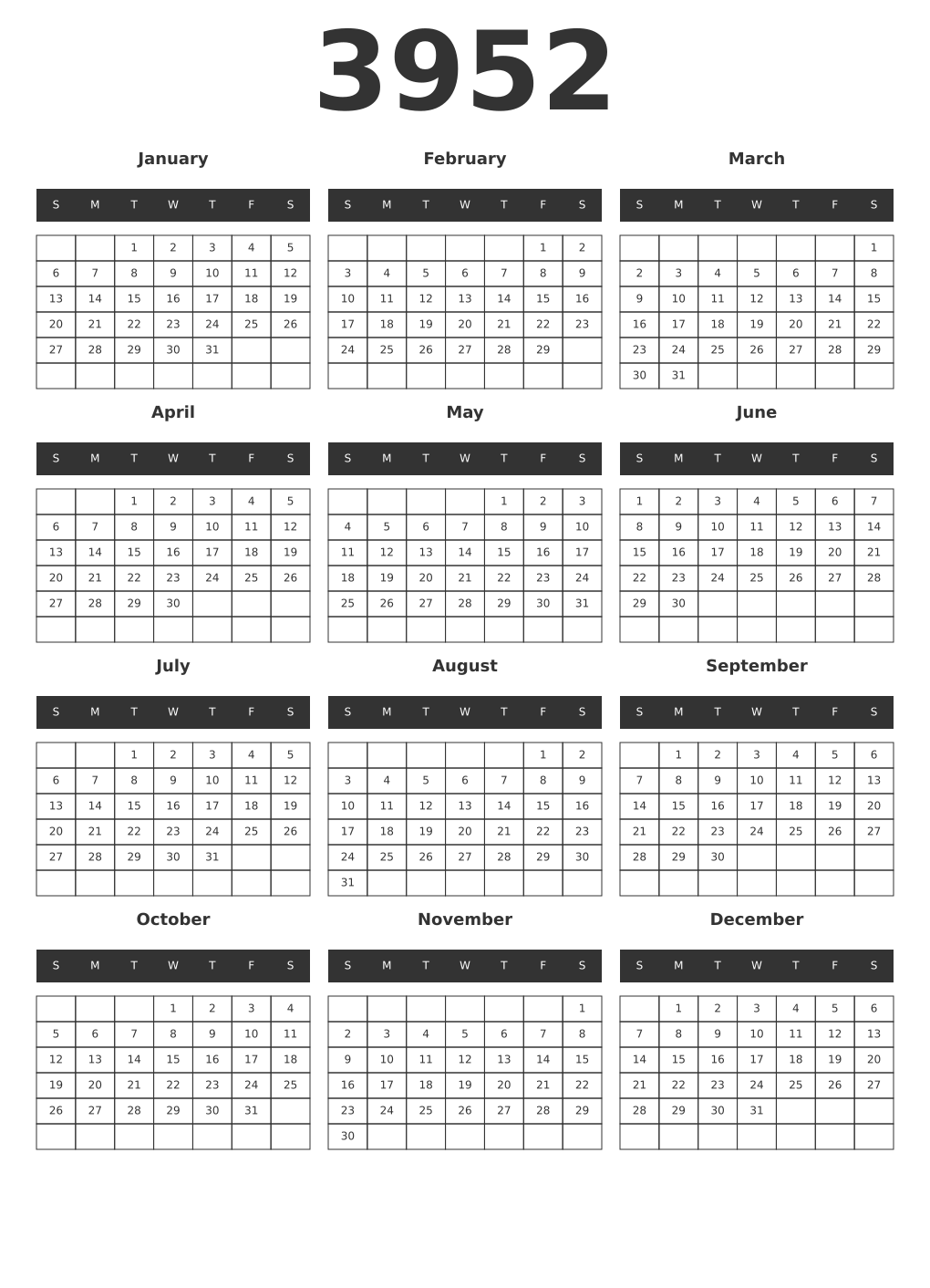 Printable 3952 Year Calendars dark