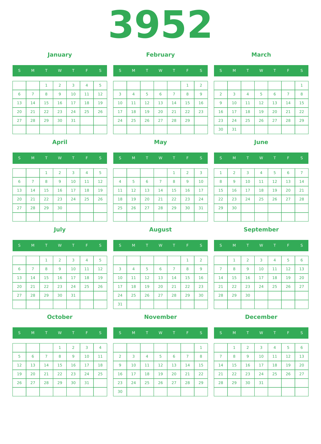 Printable 3952 Year Calendars green