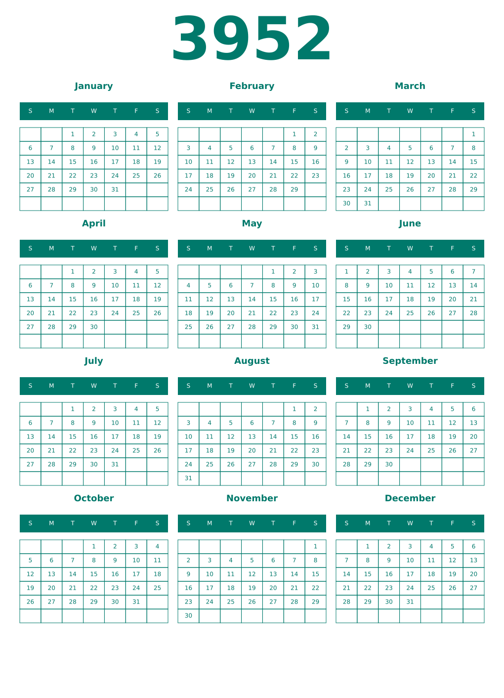 Printable 3952 Year Calendars pastel
