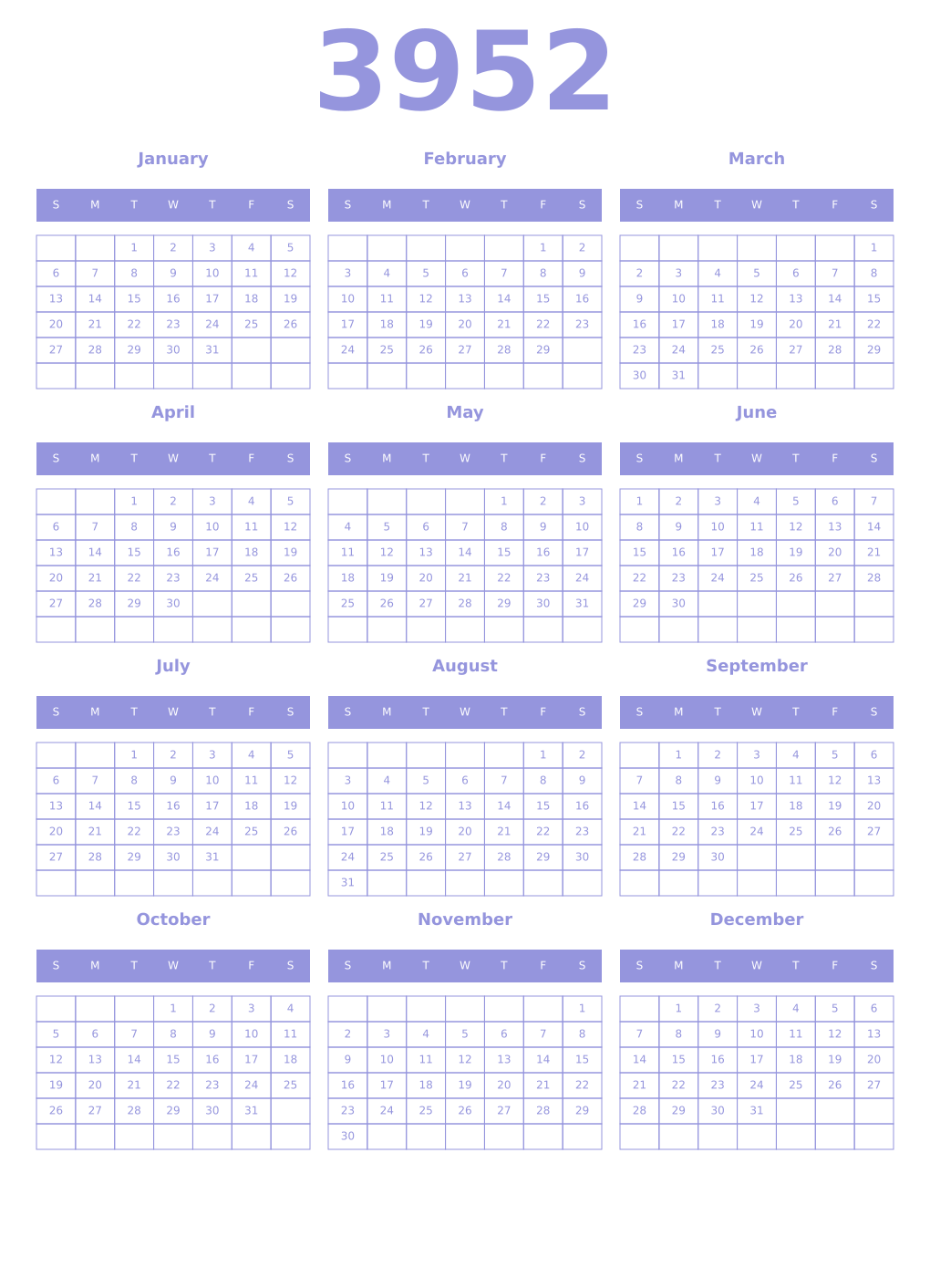 Printable 3952 Year Calendars periwinkle