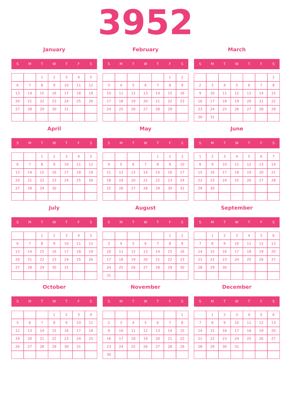 Printable 3952 Year Calendars pink