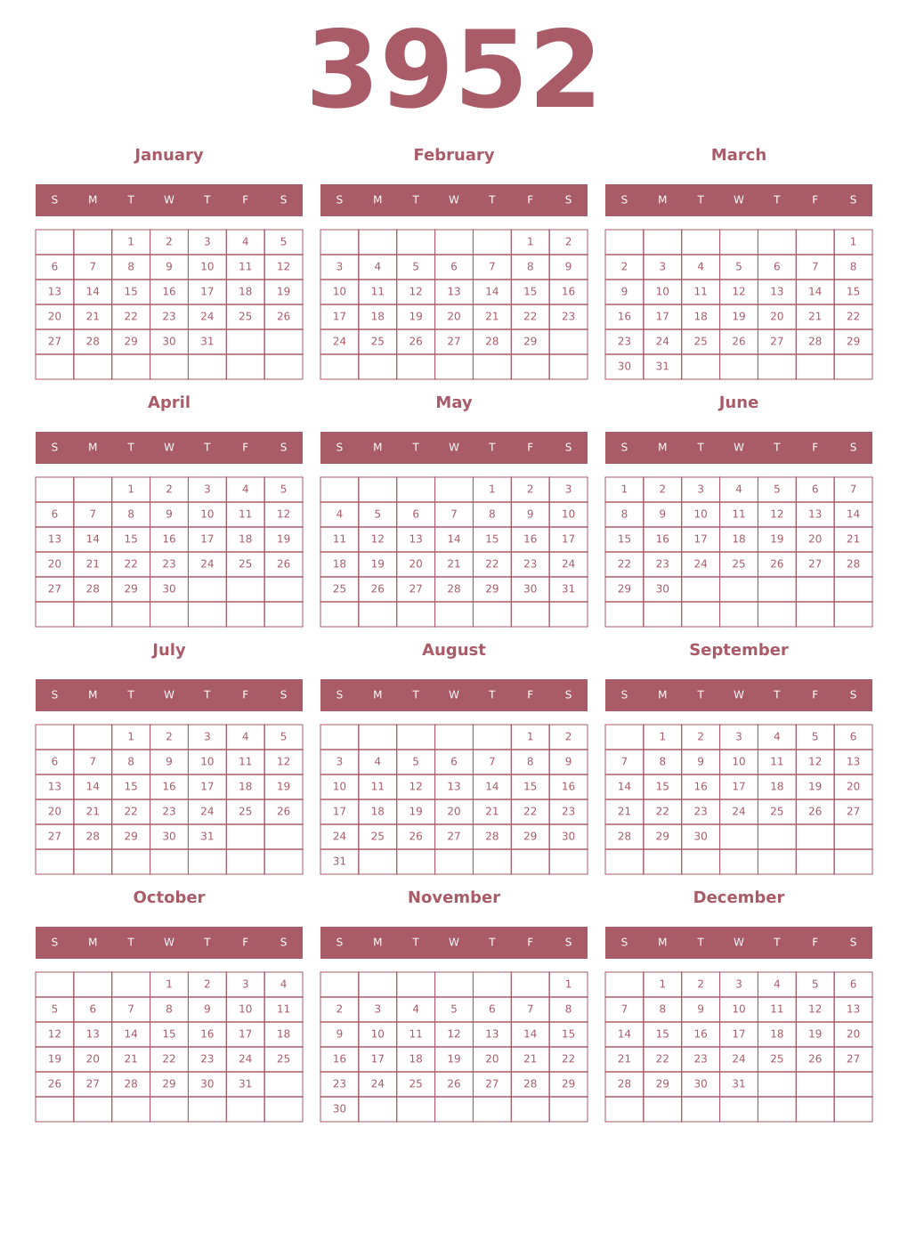 Printable 3952 Year Calendars puce