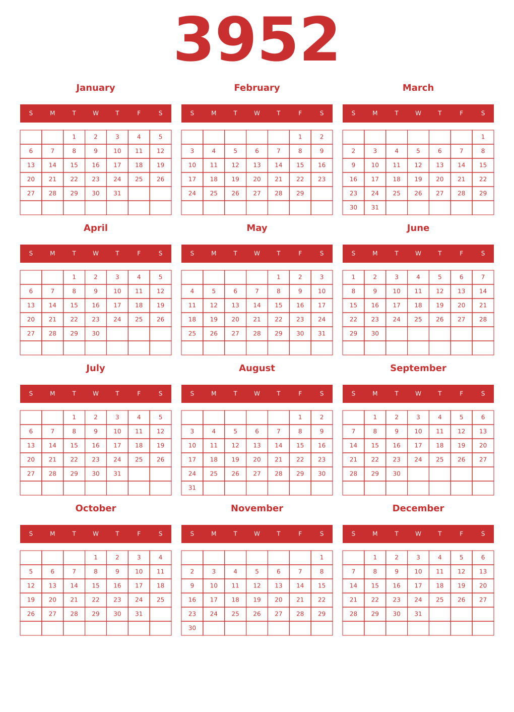 Printable 3952 Year Calendars red