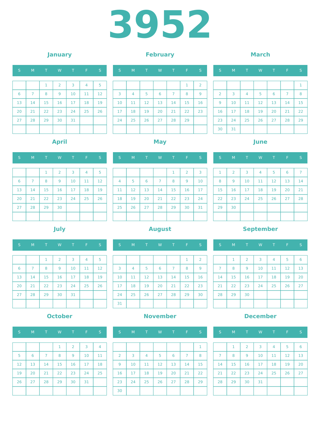 Printable 3952 Year Calendars verdigris