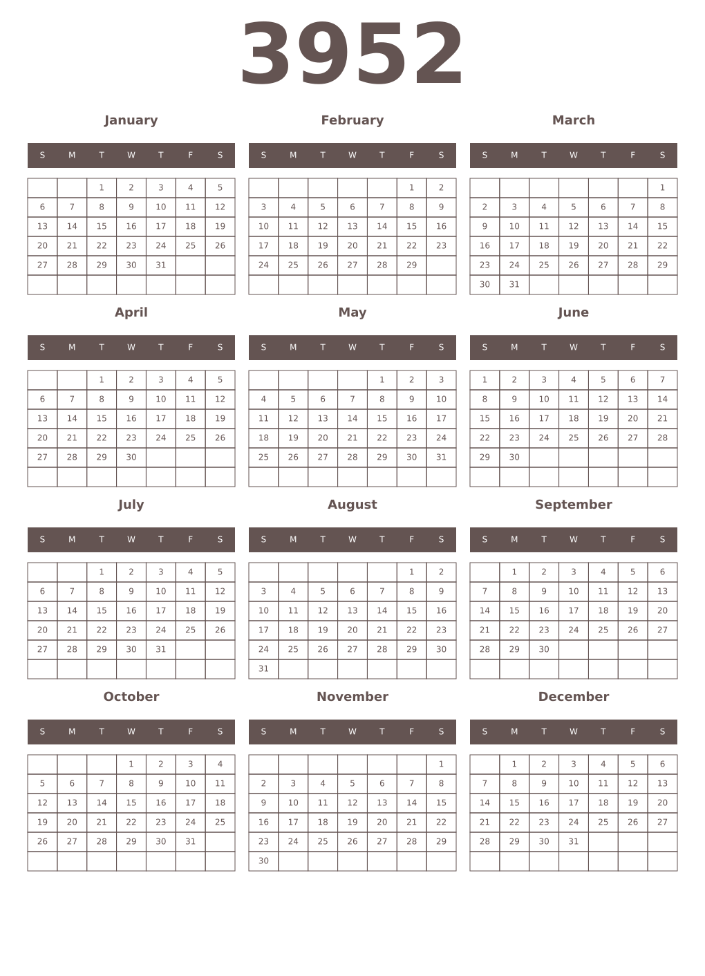 Printable 3952 Year Calendars wenge