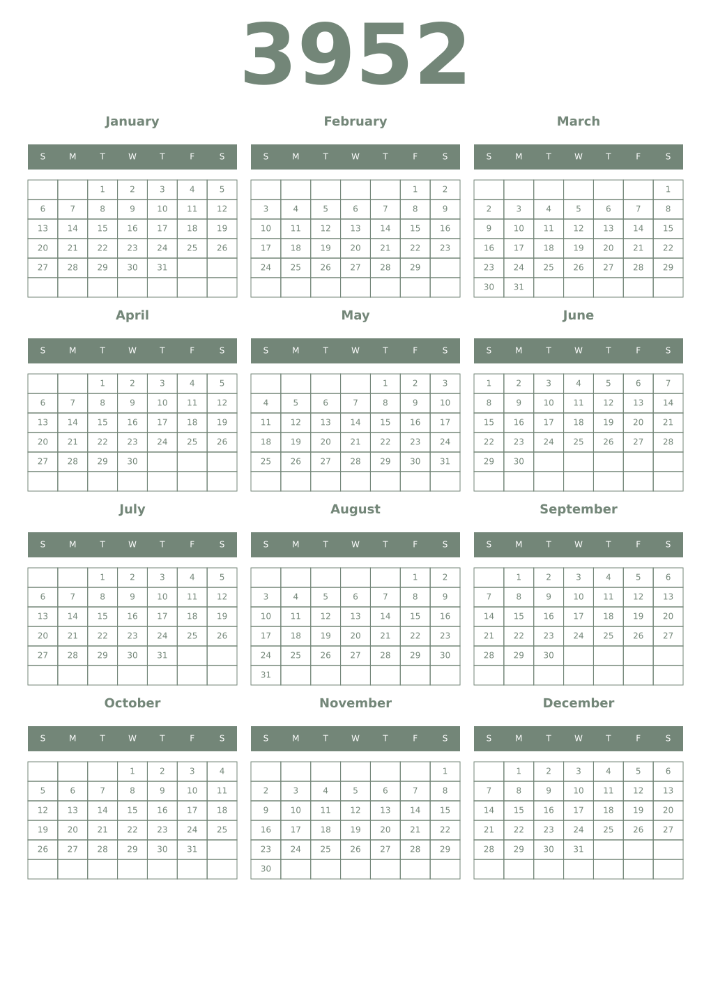 Printable 3952 Year Calendars xanadu