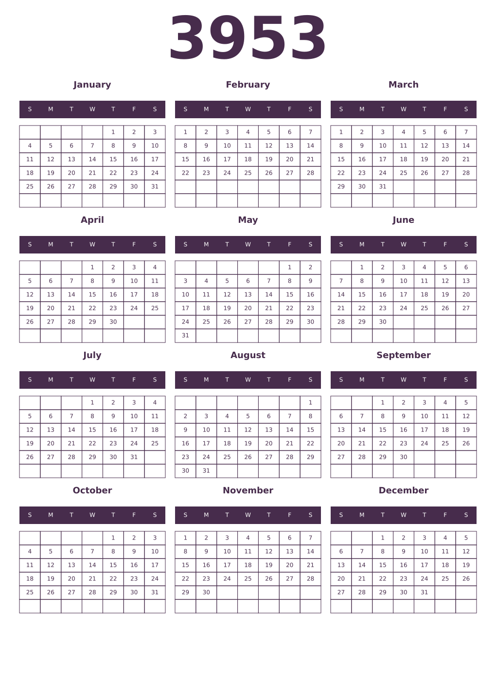 Printable 3953 Year Calendars aubergine