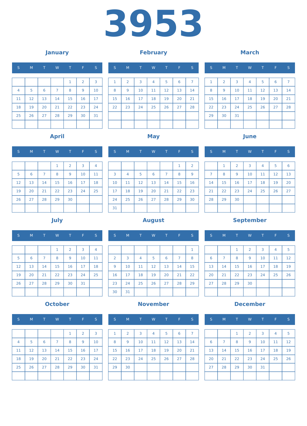 Printable 3953 Year Calendars blue