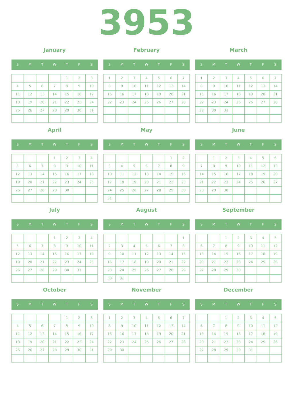 Printable 3953 Year Calendars celadon