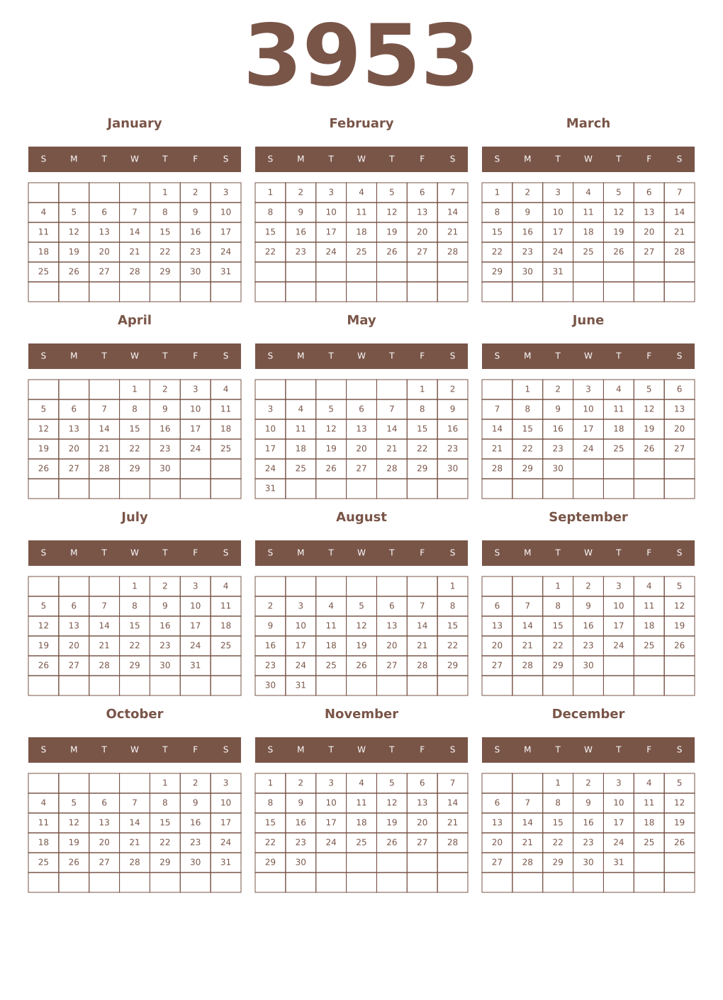 Printable 3953 Year Calendars coffe