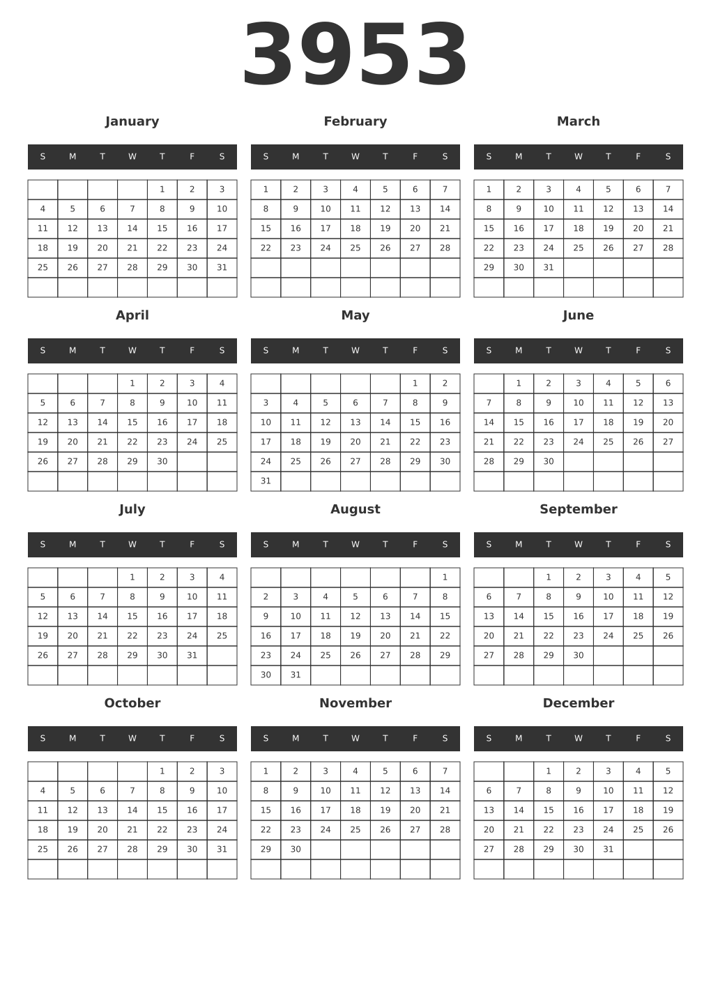 Printable 3953 Year Calendars dark