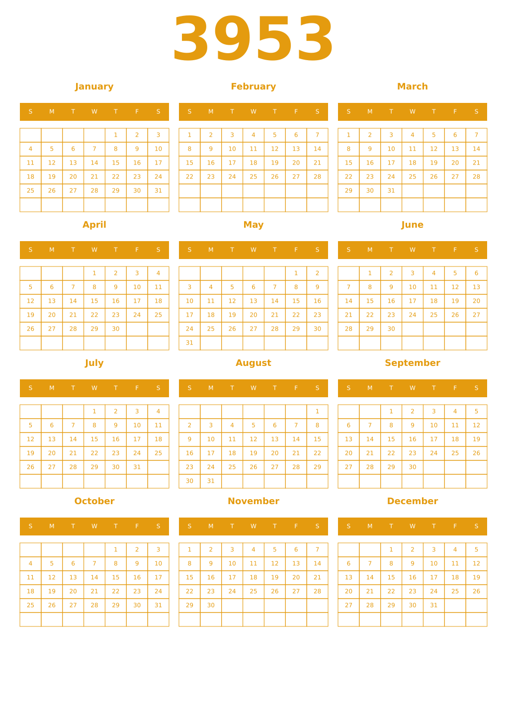 Printable 3953 Year Calendars gamboge