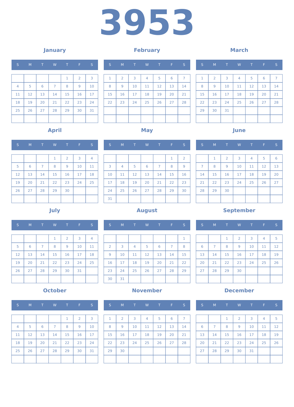 Printable 3953 Year Calendars glaucous
