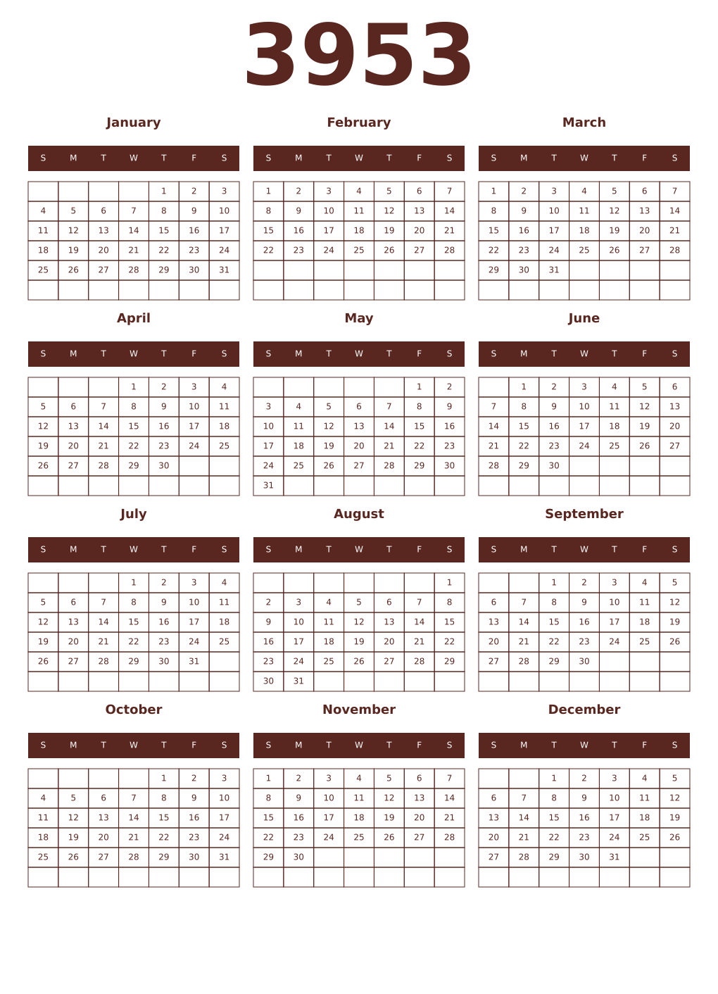 Printable 3953 Year Calendars mortuum