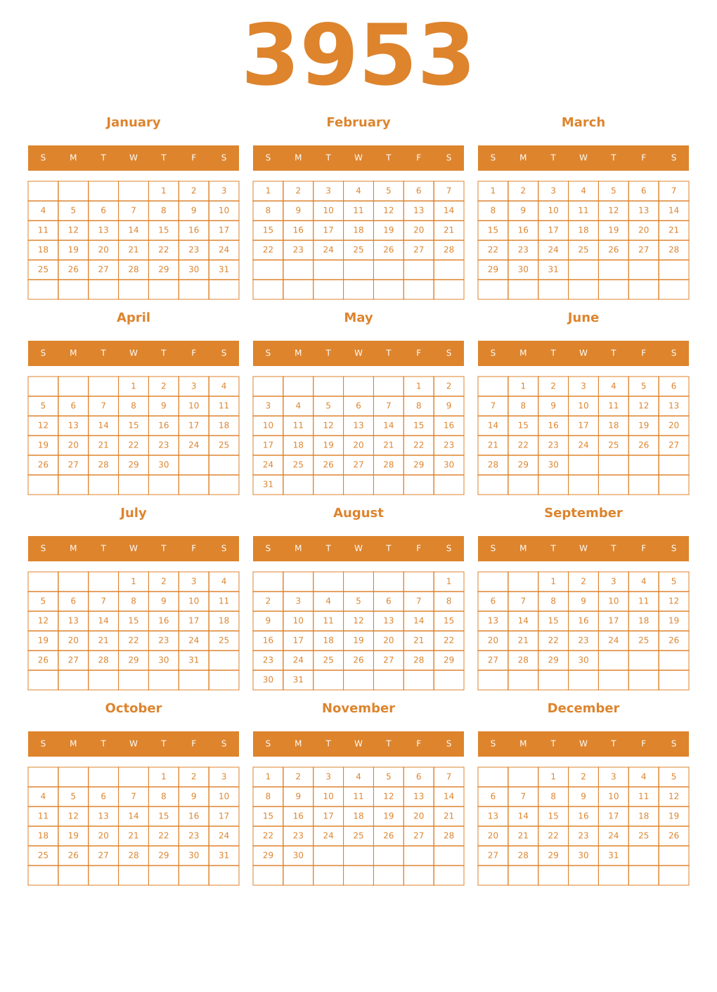 Printable 3953 Year Calendars orange