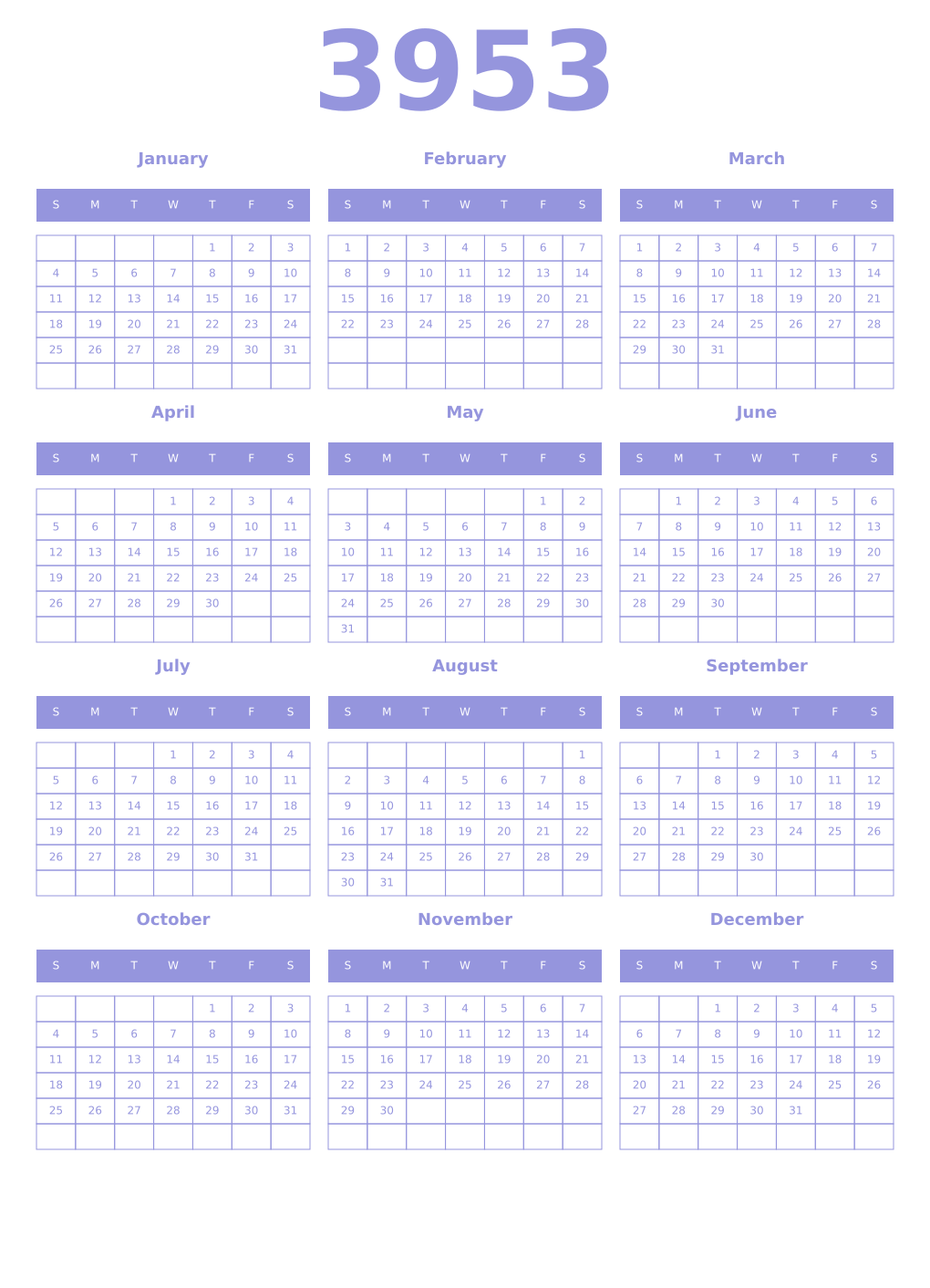Printable 3953 Year Calendars periwinkle