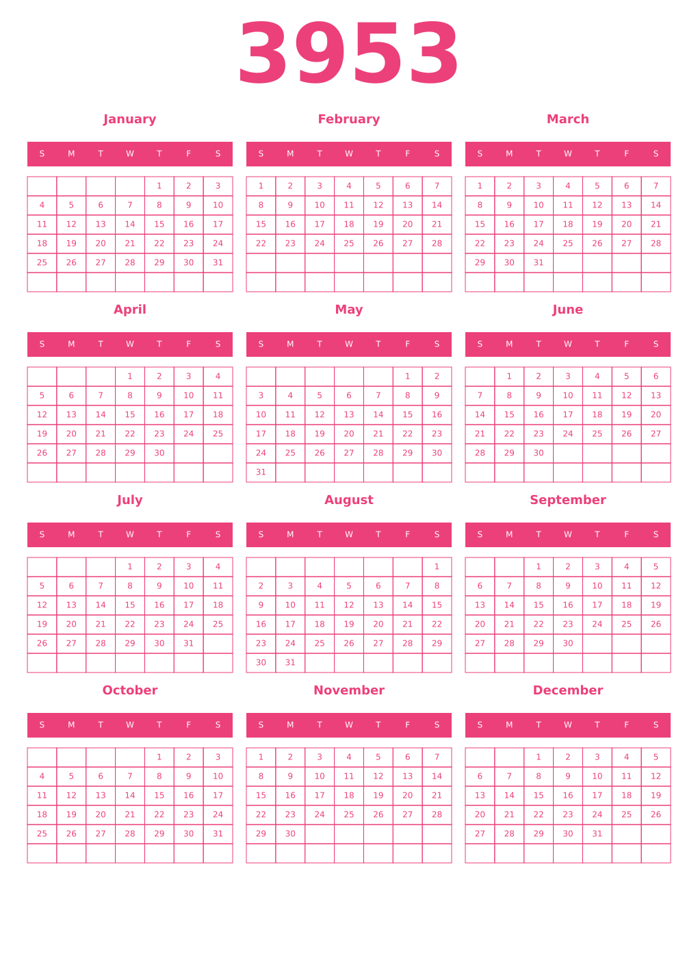 Printable 3953 Year Calendars pink