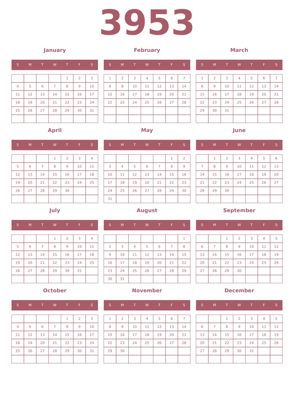 Printable 3953 Year Calendars puce