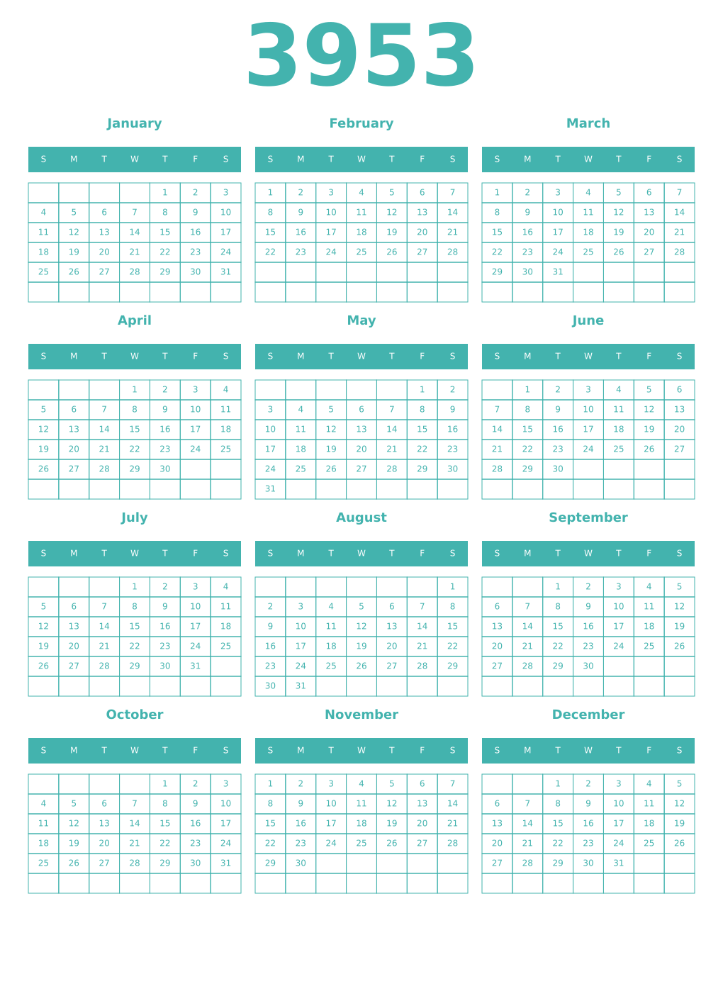 Printable 3953 Year Calendars verdigris