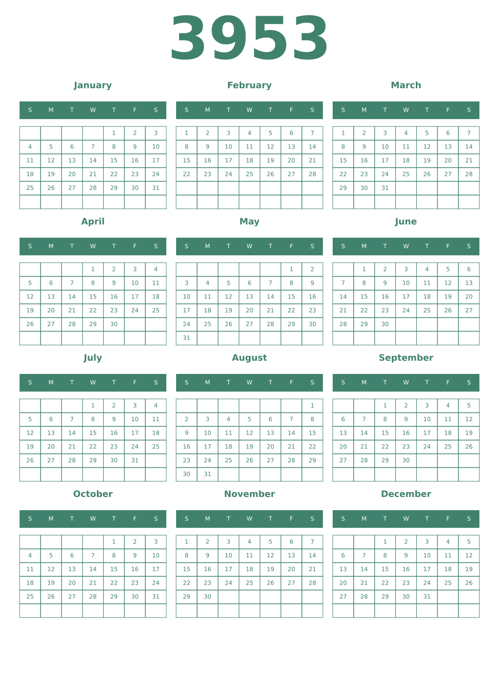 Printable 3953 Year Calendars viridian