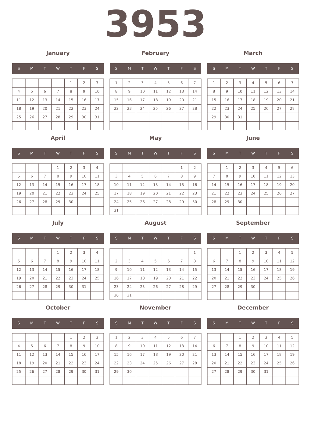 Printable 3953 Year Calendars wenge