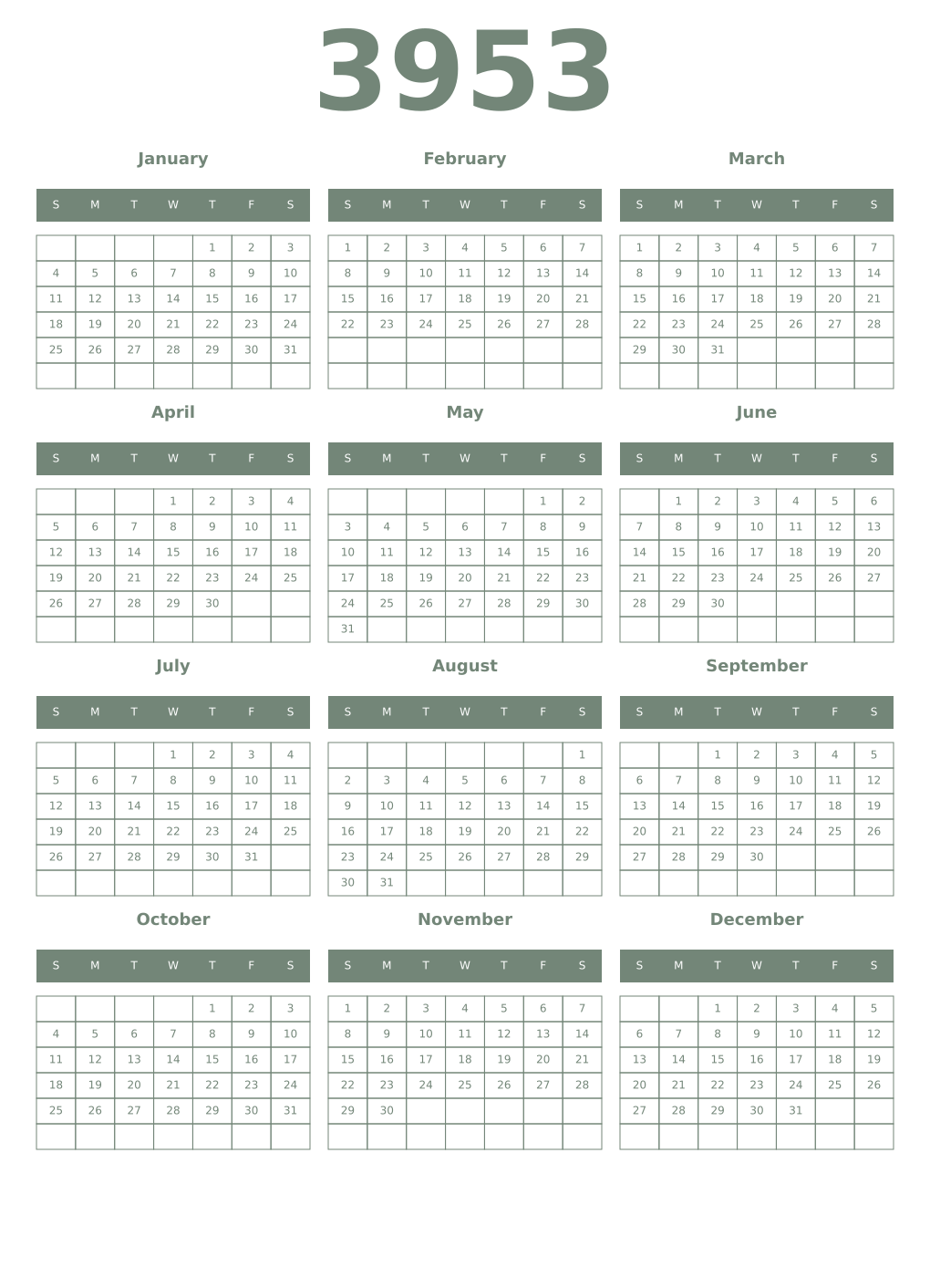 Printable 3953 Year Calendars xanadu