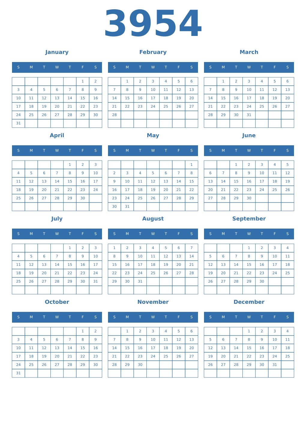 Printable 3954 Year Calendars blue