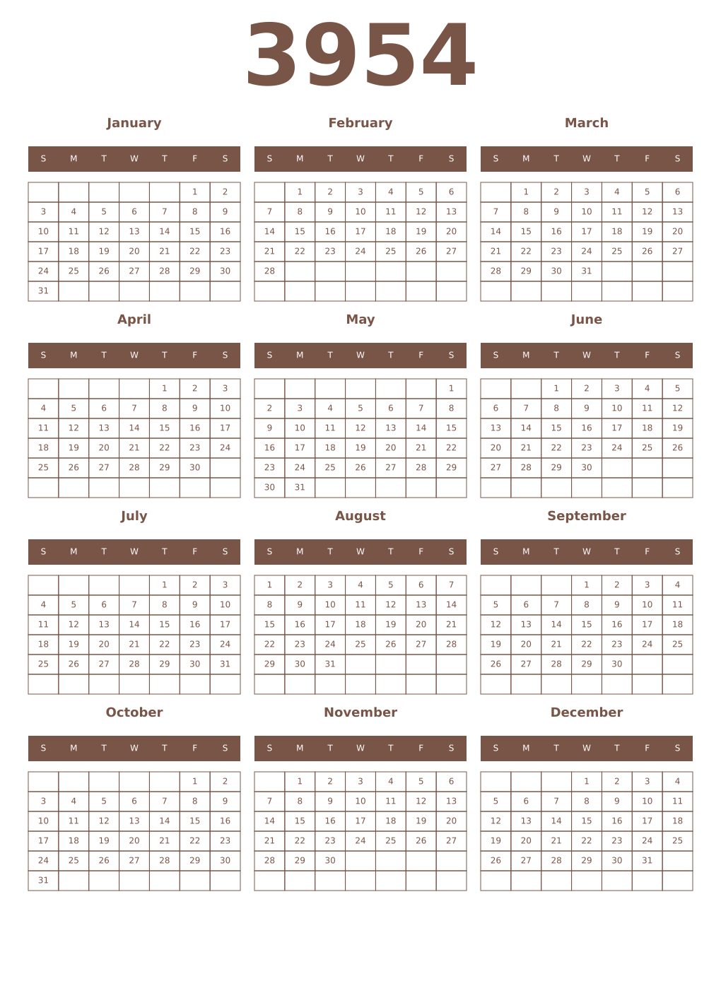 Printable 3954 Year Calendars coffe