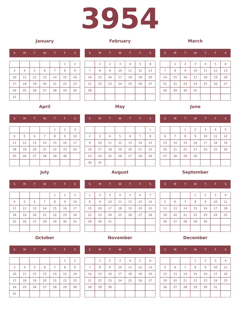 Printable 3954 Year Calendars cordovan