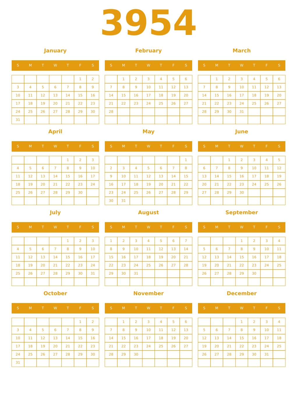 Printable 3954 Year Calendars gamboge