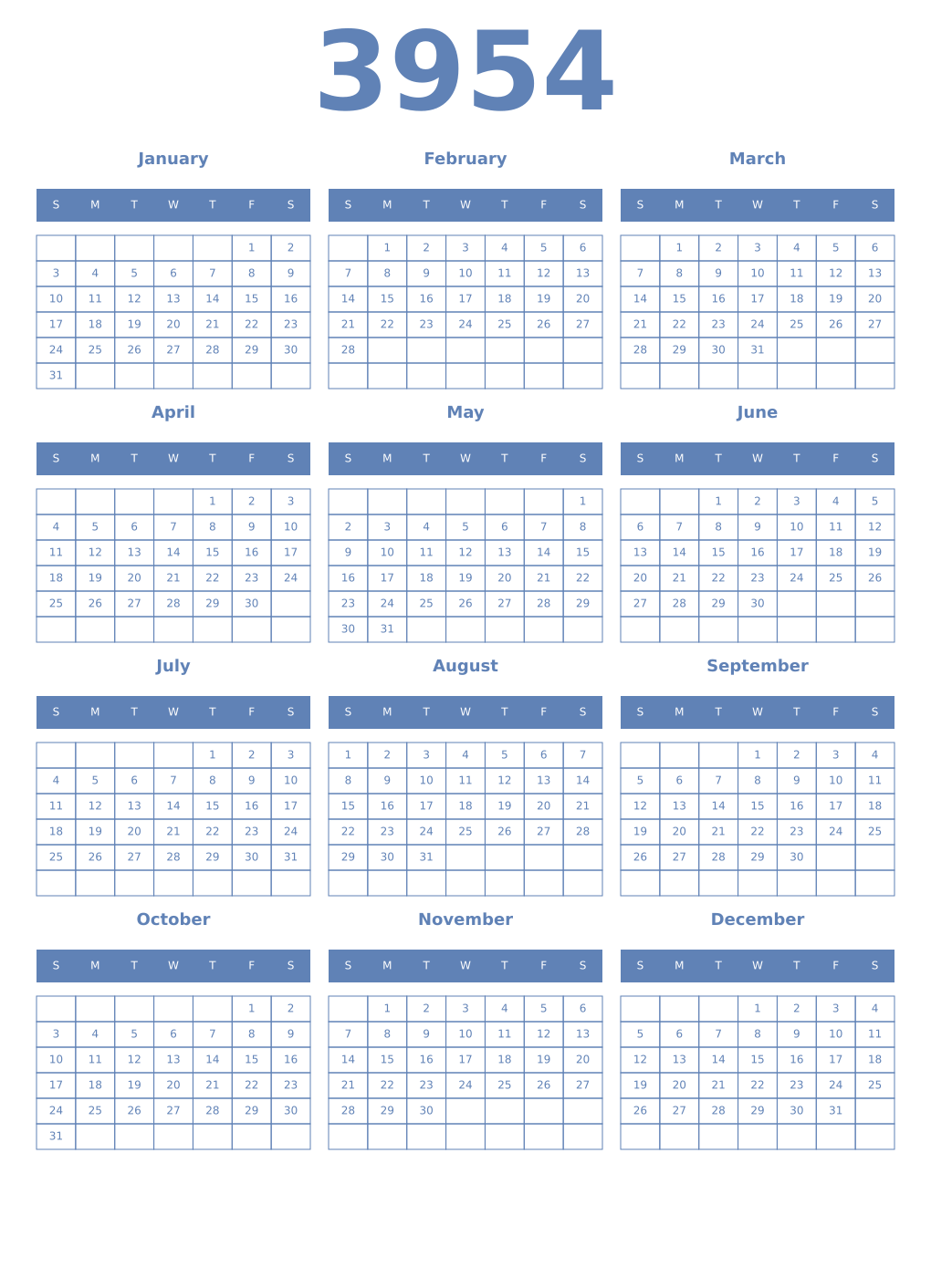 Printable 3954 Year Calendars glaucous