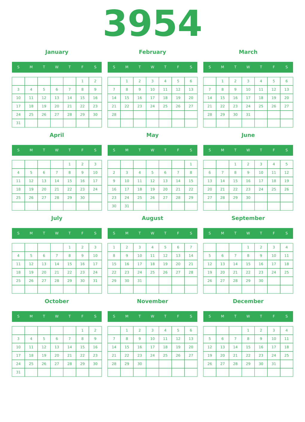 Printable 3954 Year Calendars green