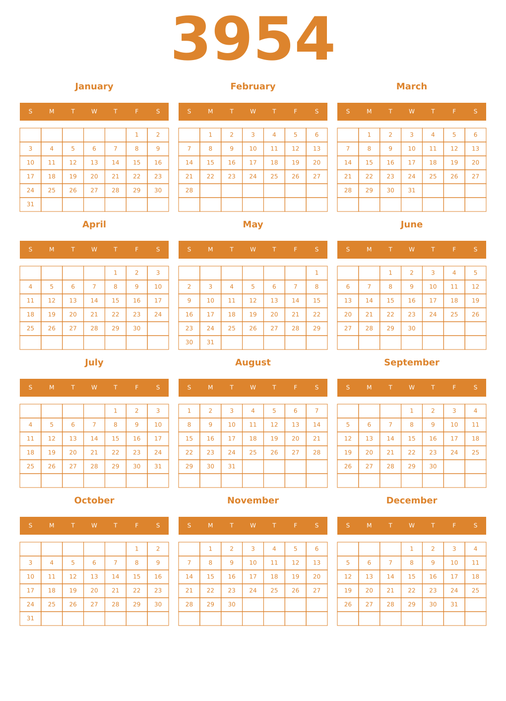 Printable 3954 Year Calendars orange