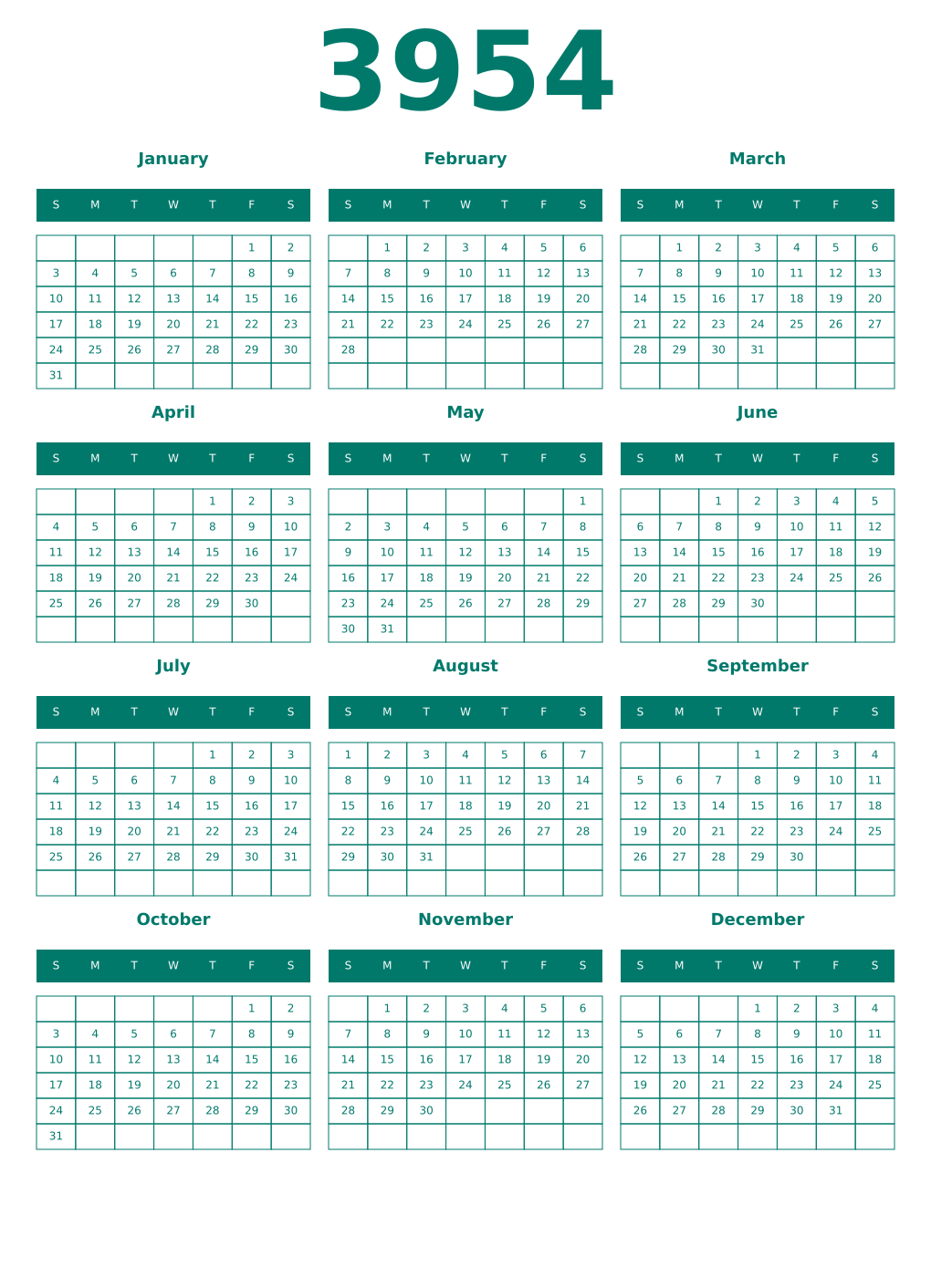 Printable 3954 Year Calendars pastel