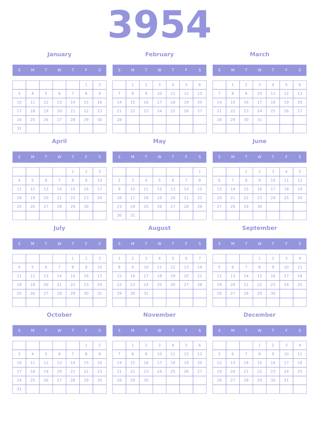 Printable 3954 Year Calendars periwinkle