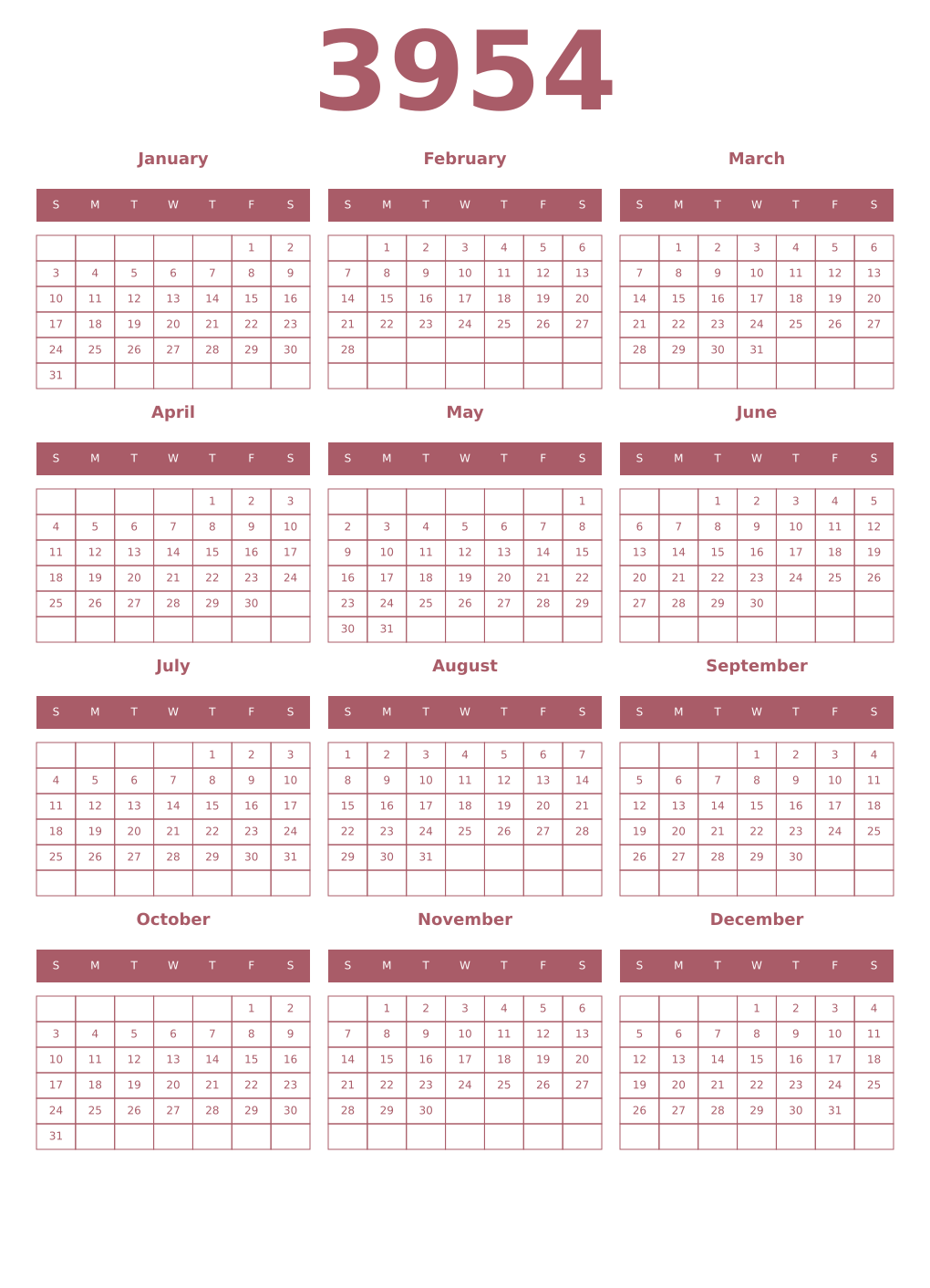 Printable 3954 Year Calendars puce