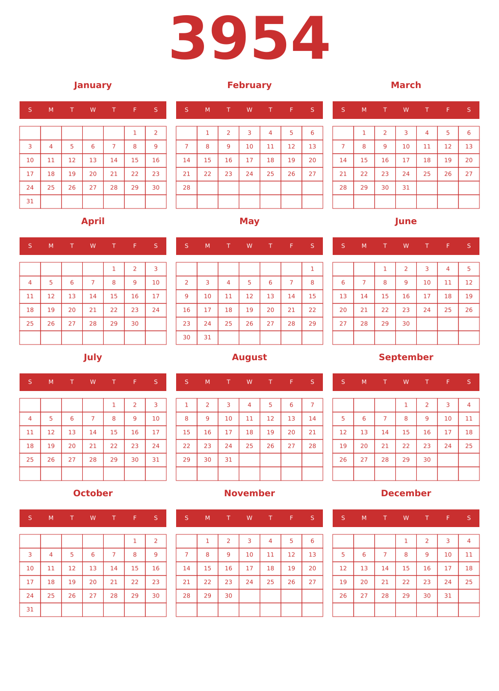 Printable 3954 Year Calendars red