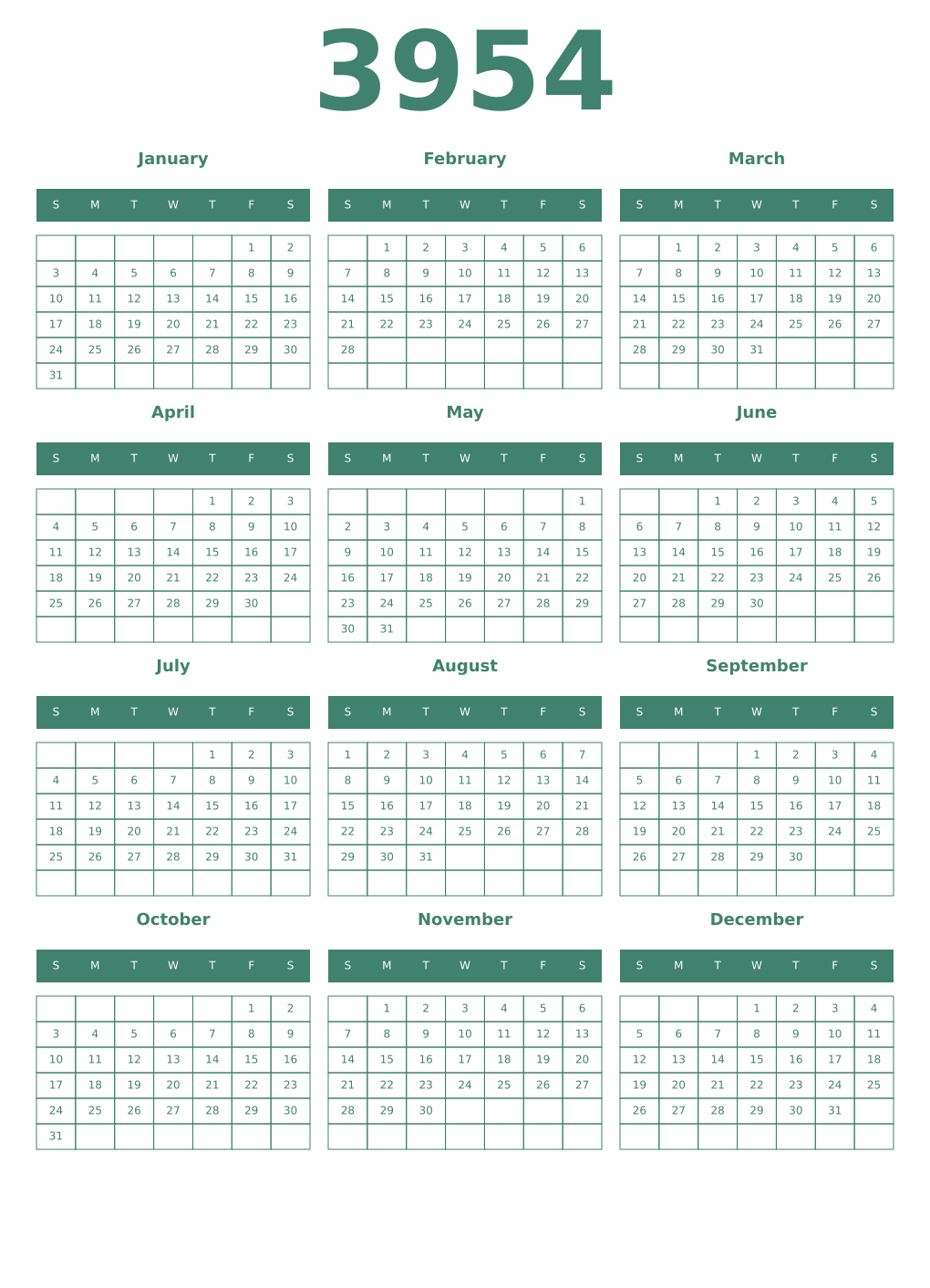 Printable 3954 Year Calendars viridian
