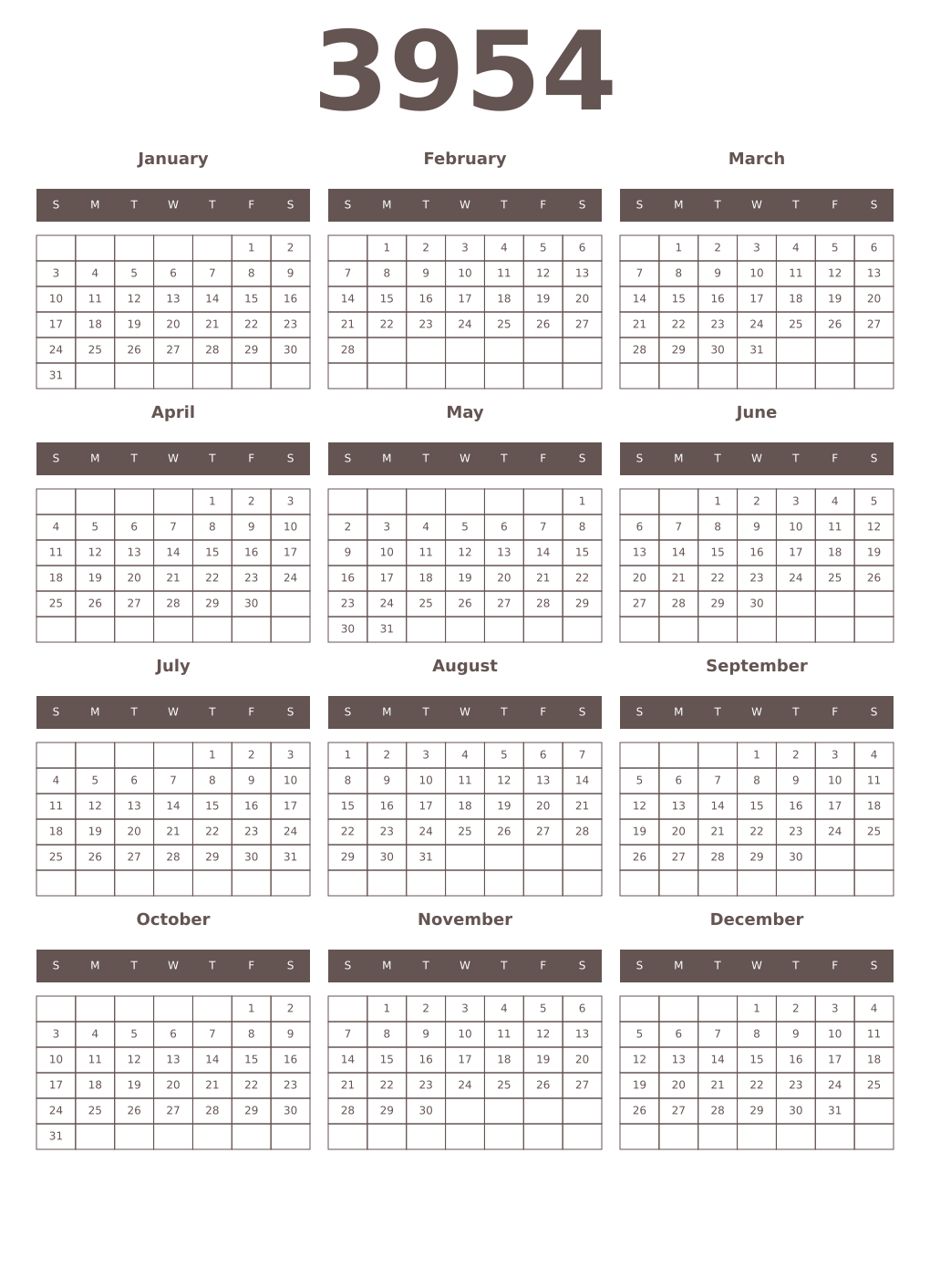 Printable 3954 Year Calendars wenge