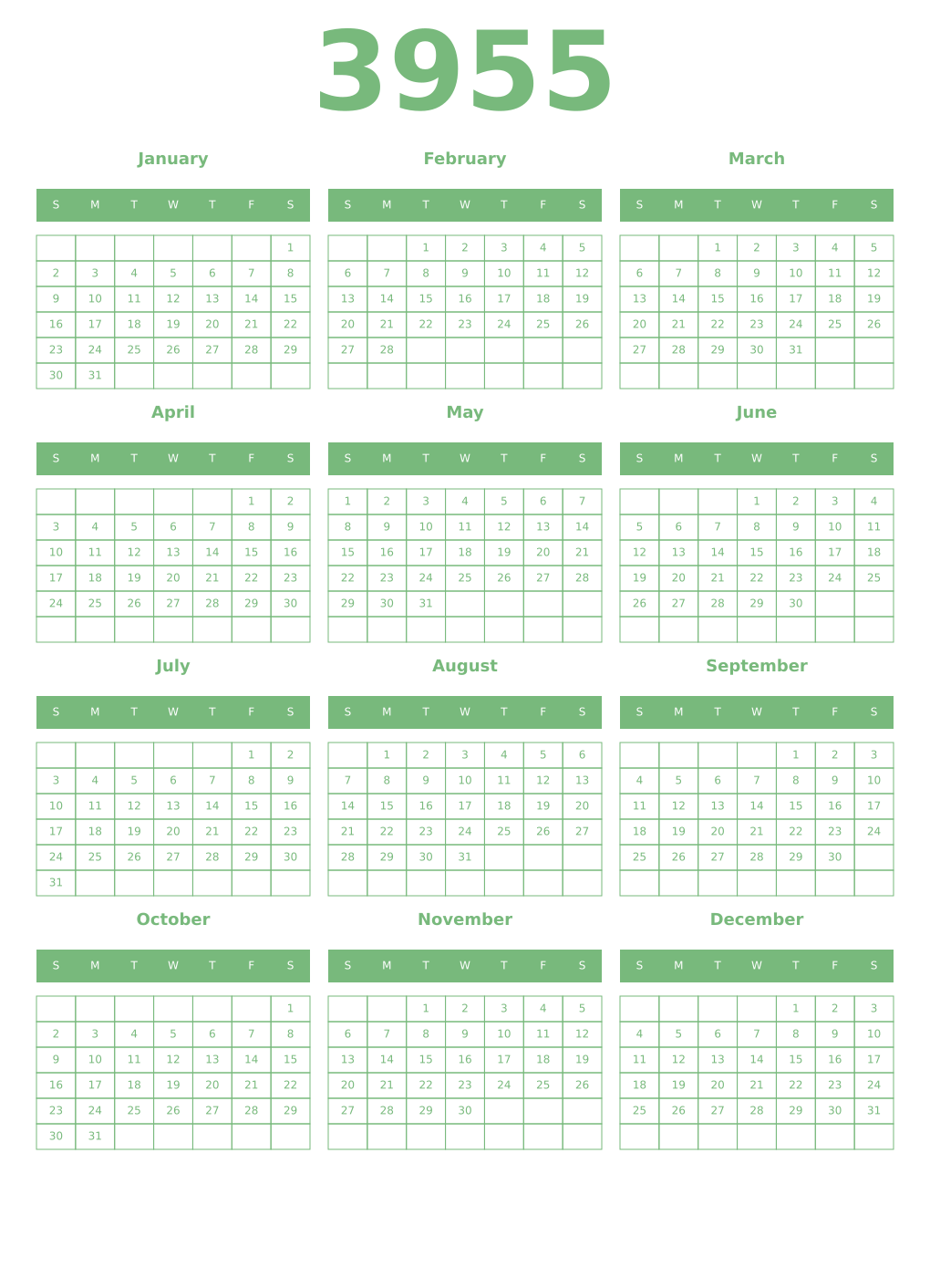 Printable 3955 Year Calendars celadon
