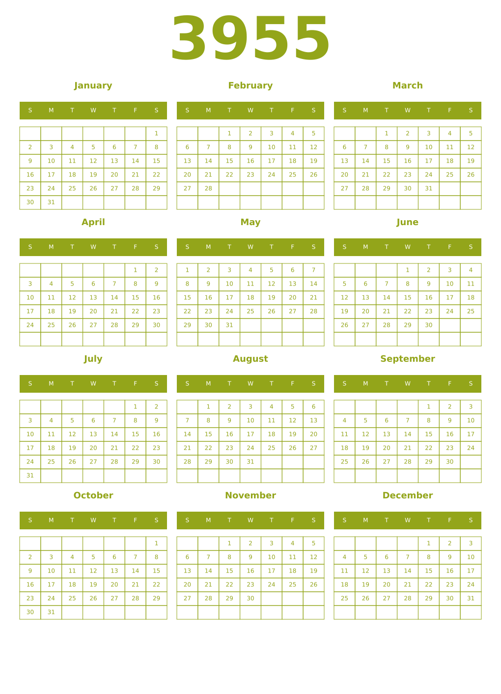 Printable 3955 Year Calendars chartreuse